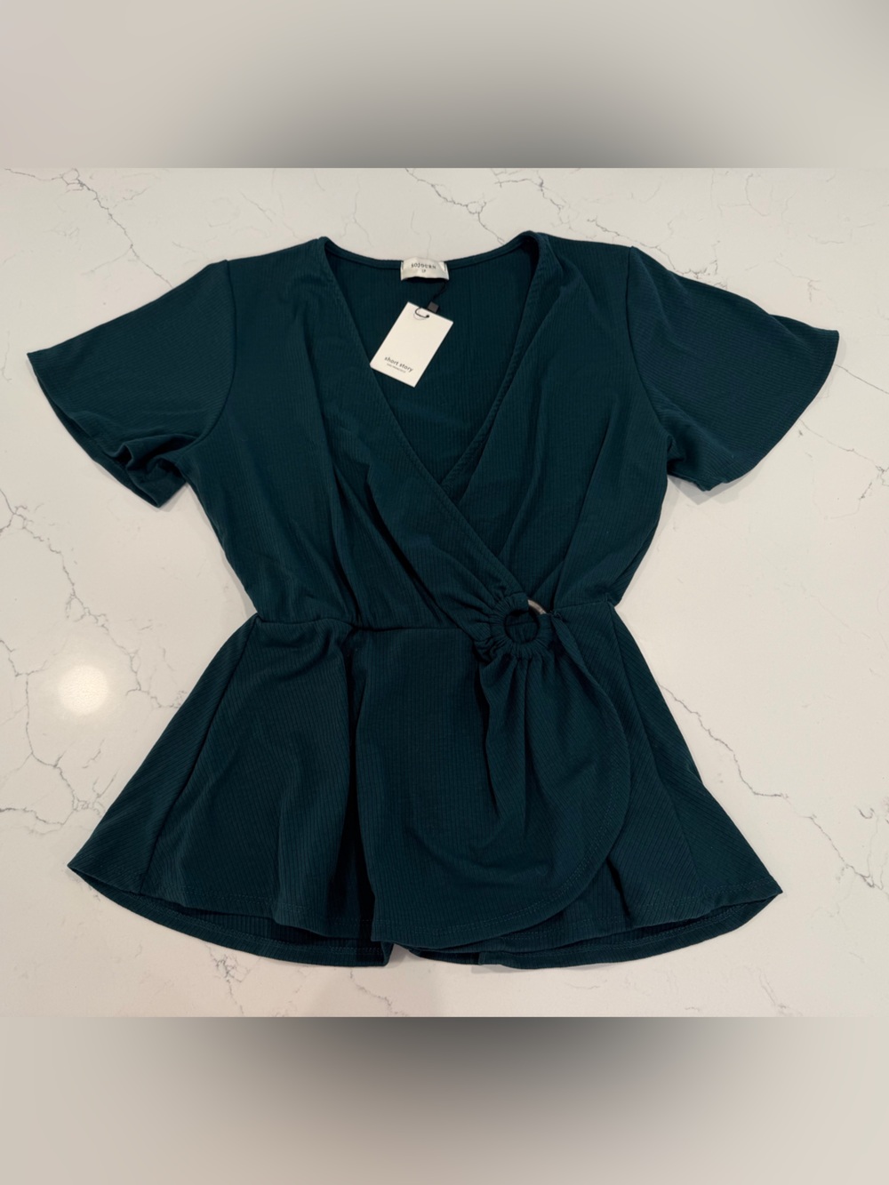 Sojourn Petite Women's Teal Knot-Front Short Sleeve Top L